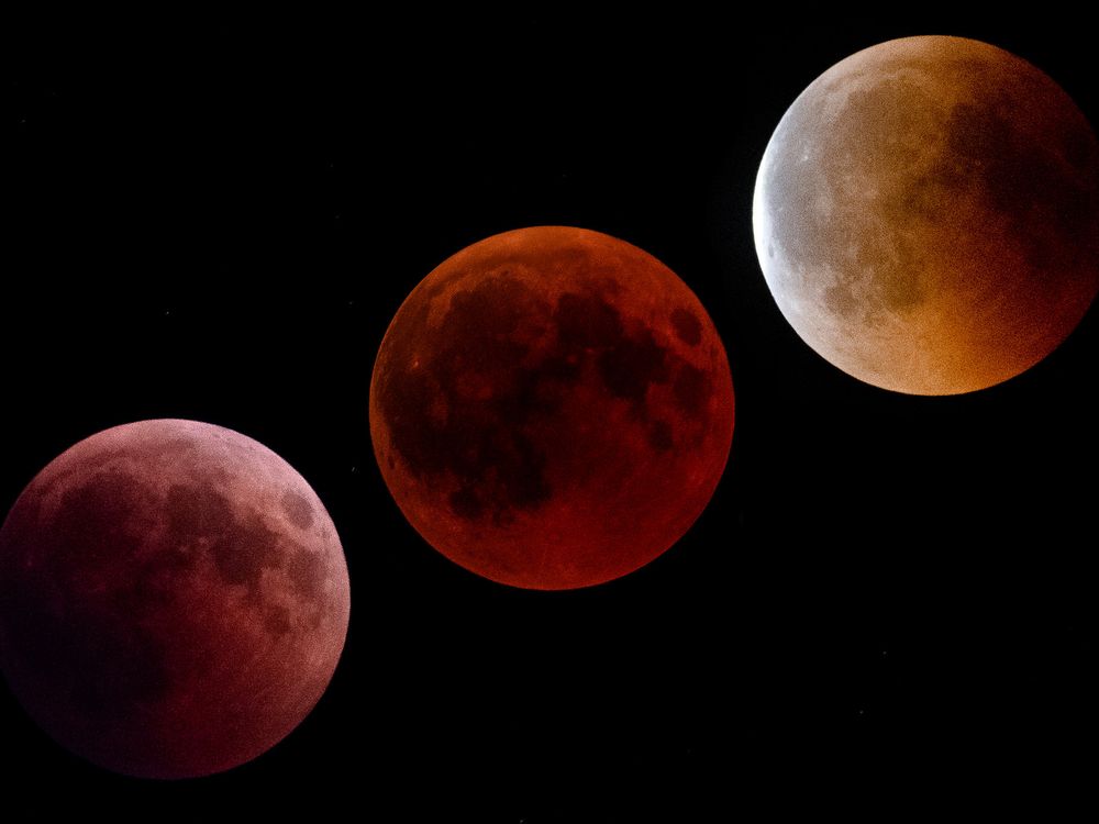 three phases of a lunar eclipse, with a blood-red moon seen in the middle