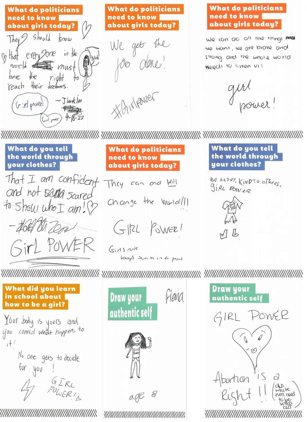 Nine cards with visitor messages. One visitor responds to the prompt "What do politicians need to know about girls today" with a message that includes "They can and will change the world!"