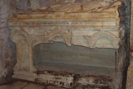 The sarcophagus at St. Nicholas church in Demre looted by crusaders, which archaeologists now believe did not contain the Saint's remains.