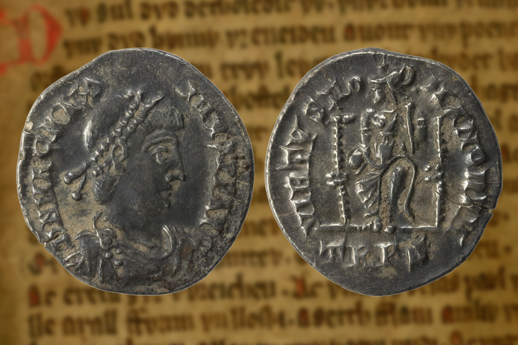 A coin bearing the likeness of the fourth-century C.E. Western Roman emperor Magnus Maximus, overlaid atop a page from a medieval manuscript of the&nbsp;Mabinogion