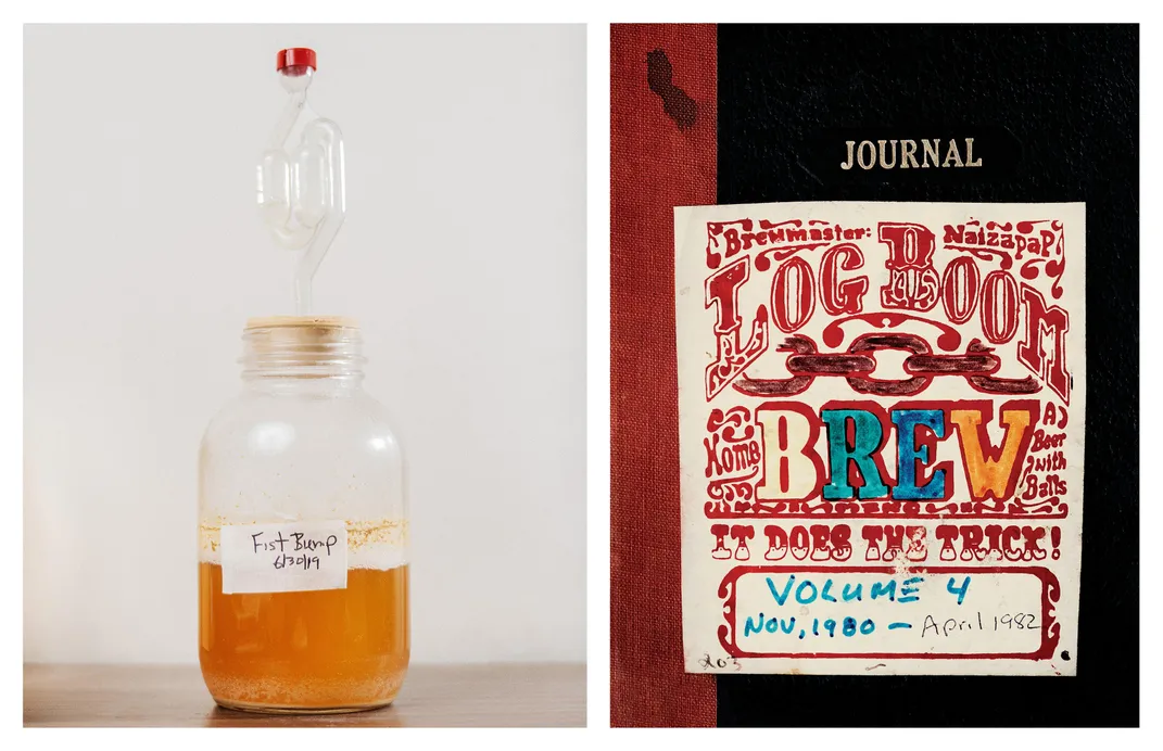 Left, a jar of brewer’s yeast starter. Right, log book from the 80s