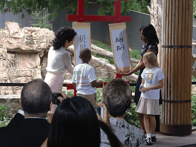 Michelle Obama and Madame Peng reveal the name of the Zoo's new giant panda cub: Bei Bei.
