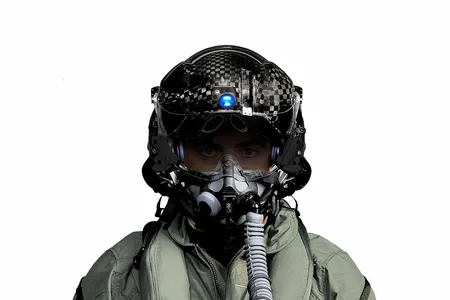 The F-35 helmet is an information-display device, showing targeting data, status of the aircraft systems, and visual and infrared views of the world outside the airplane. The blue circle on the helmet is its night-vision camera.