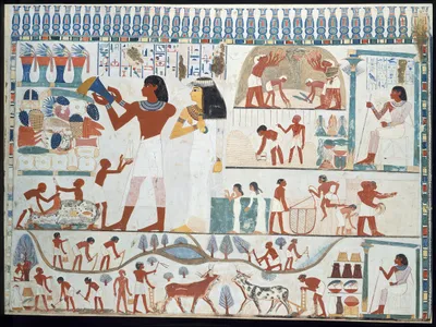 Facsimile of an agricultural scene found in the tomb chapel of Nakht, a scribe and astronomer who probably lived during the reign of Thutmose IV