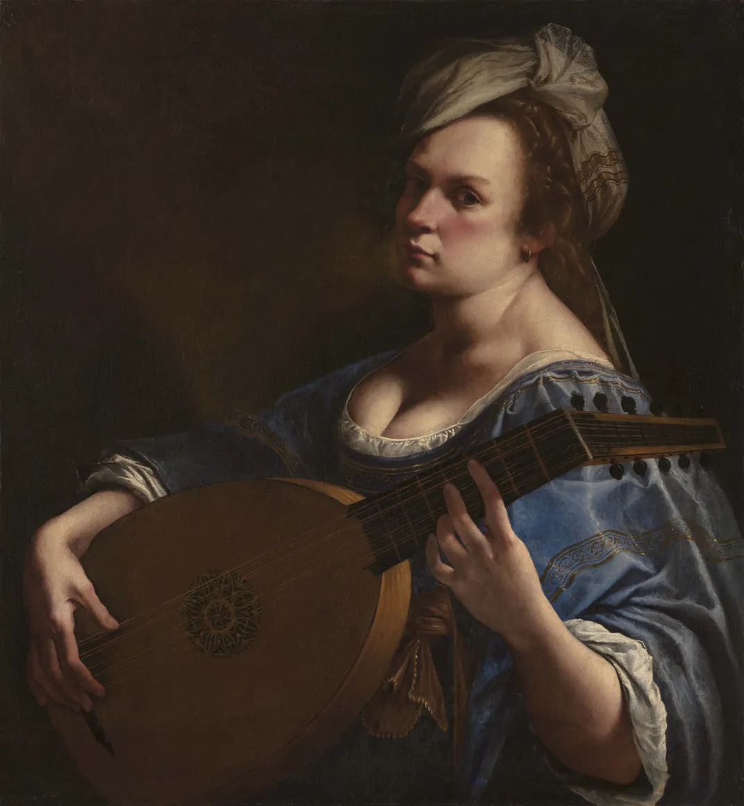 A self portrait of a woman in a blue dress holding a lute and gazing intently at the viewer