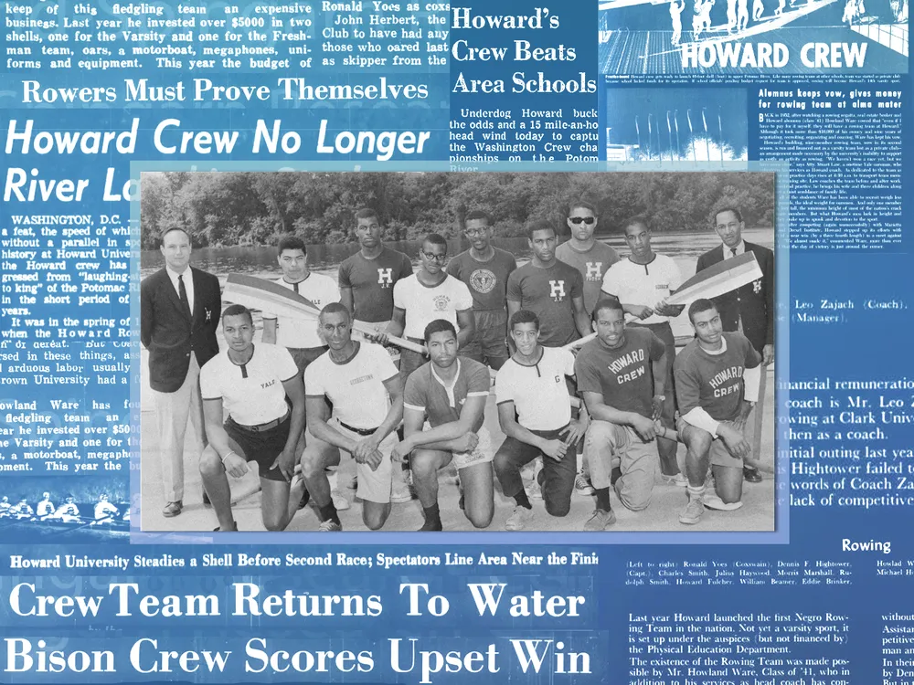 Illustration of the Howard rowing team against a backdrop of newspaper headlines about the crew program