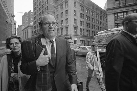 William Sloane Coffin Jr., followed by his sister, arrives at federal building in Boston on May 20, 1968.