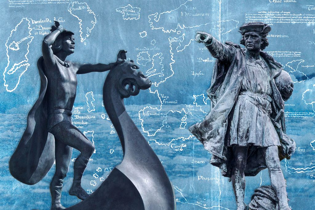 Illustration of Leif Eriksson and Christopher Columbus statues with Vinland Map in the background