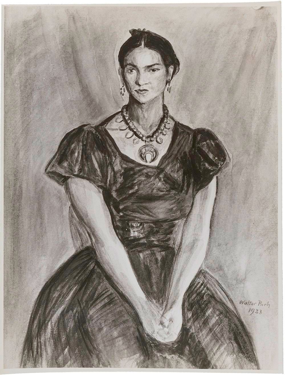 Black and white photograph of an early portrait of Frida Kahlo by Walter Pach