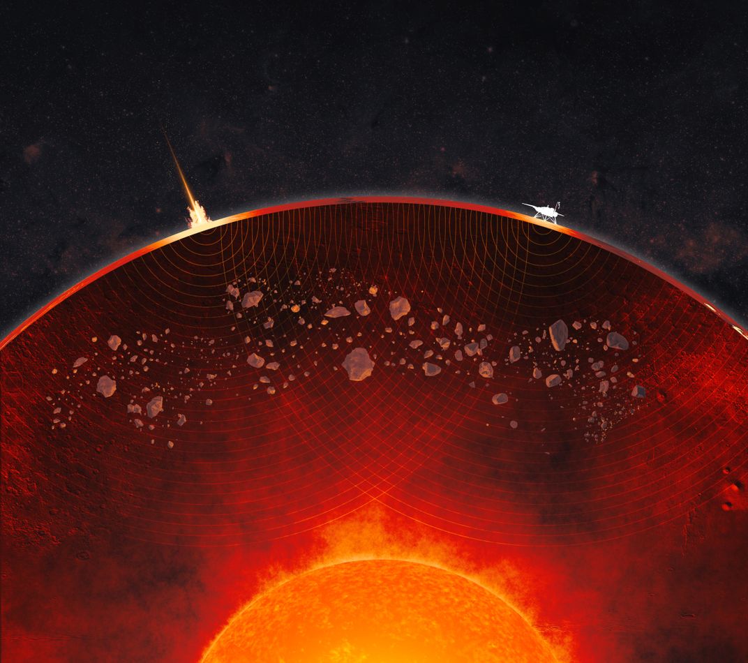 illustration shows a meteoroid hitting a planet with a spacecraft on its surface and rocky chunks in its interior