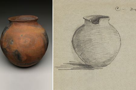 Ceramic olla purchased from Soledad Lala (Soboba Luiseño), Riverside, California, for the collections of the Museum of the American Indian, with a sketch by the collector, E. H. Davis. Olla: NMAI 7/1952. Drawing: Expedition Sketch Book, No. 2, November 1917. Edward H. Davis Papers, Huntington Free Library Collection 9166, Cornell University Library (National Museum of the American Indian, Smithsonian; sketch courtesy of the Cornell University Library)