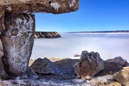 Freezing fog is reflected in great patterns on this Kaibab Limestone at the Grand Canyon.