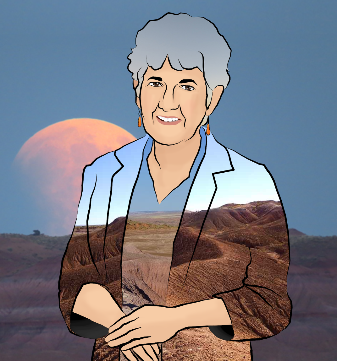 Portrait of Kay Behrensmeyer overlaid with an image of Petrified Forest National Park