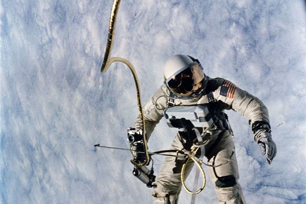Astronaut Ed White conducts the first U.S. spacewalk on June 3, 1965