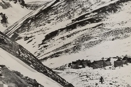 Camp III with Everest rising above the flank of Changtse mountain.