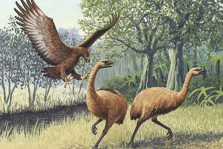 A Haast&#39;s eagle hunts moa.