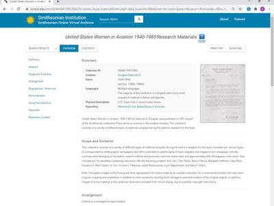 Screen capture of Smithsonian Online Virtual Archives (SOVA) Overview page for the United States Women in Aviation 1940-1985 Research Materials collection in the National Air and Space Museum Archives.