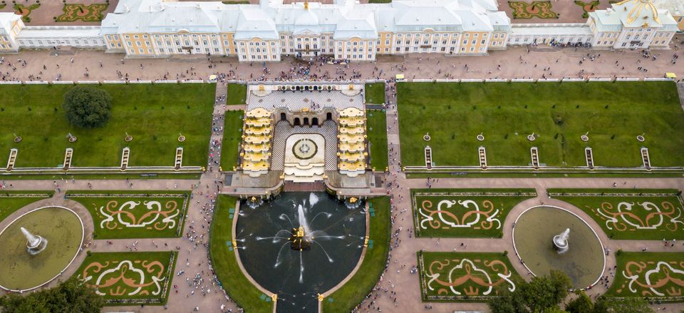  An aerial view of Peterhof, outside St. Petersburg, shows just a small section of the expansive gardens that surround the palace. 