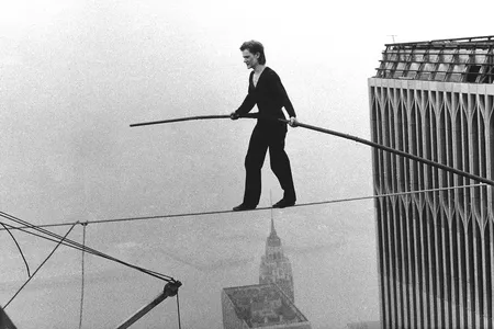 Philipe Petit walks between the twin towers on August 7, 1974.
