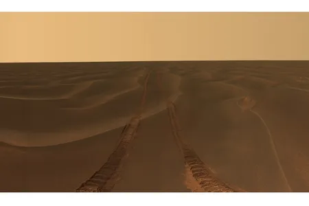 The immense emptiness of Mars' Meridiani Plains, taken by the Opportunity Rover during the month it was stuck in a sand rippled dubbed Purgatory. Full size version.
