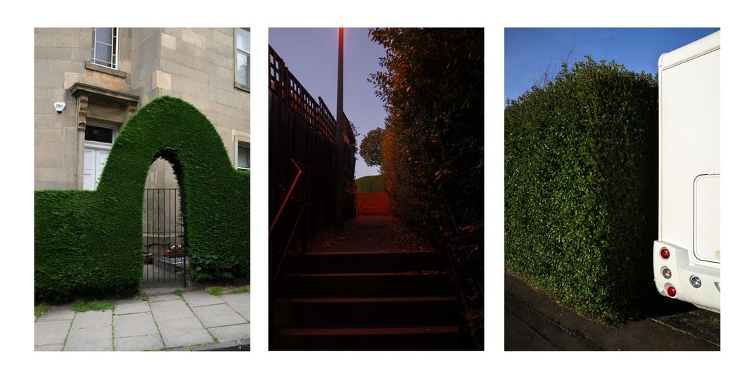 Arch hedge, pathway, motorhome by hedge