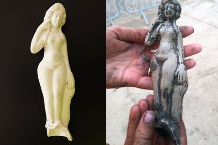 The white pipeclay Venus statuette before (right) and after (left) cleaning