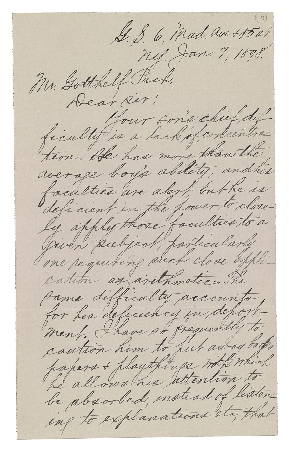 1898 letter to Gotthelf Pach from Magnus Gross regarding the progress of his son, Walter.