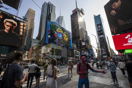 Luckily for tourists and passers-by, this longtime Times Square performer is not as naked as his underwear suggests.


