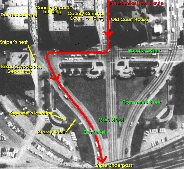 Annotated map of Dealey Plaza