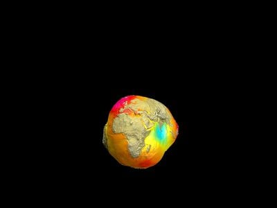 Known as the “Potsdam Gravity Potato,” this visualization of variations in Earth’s gravity field is produced by Germany’s GFZ Earth science research center based on satellite and surface data. Gravity “highs” are red, “lows” are blue. The differences are due mostly to the different density of materials above or below the Earth’s surface.