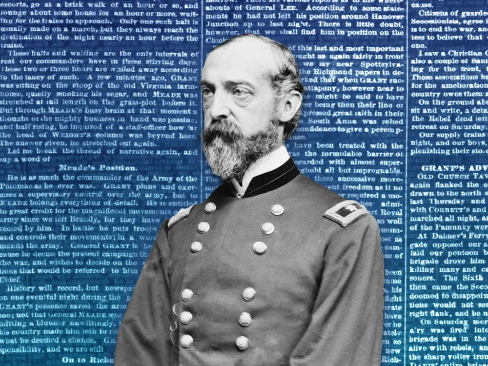 Illustration of George G. Meade in front of a newspaper article critical of his actions
