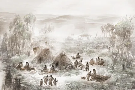 A scientific illustration of the Upward Sun River camp in what is now Interior Alaska.