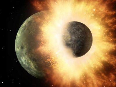 This artist’s rendition shows a giant impact similar to the one 4.5 billion years ago that scientists think created the Earth-Moon system.
