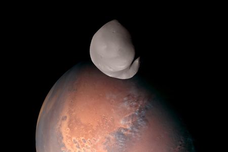 Mars and Deimos in a high-resolution composite image captured by the United Arab Emirates' Hope probe