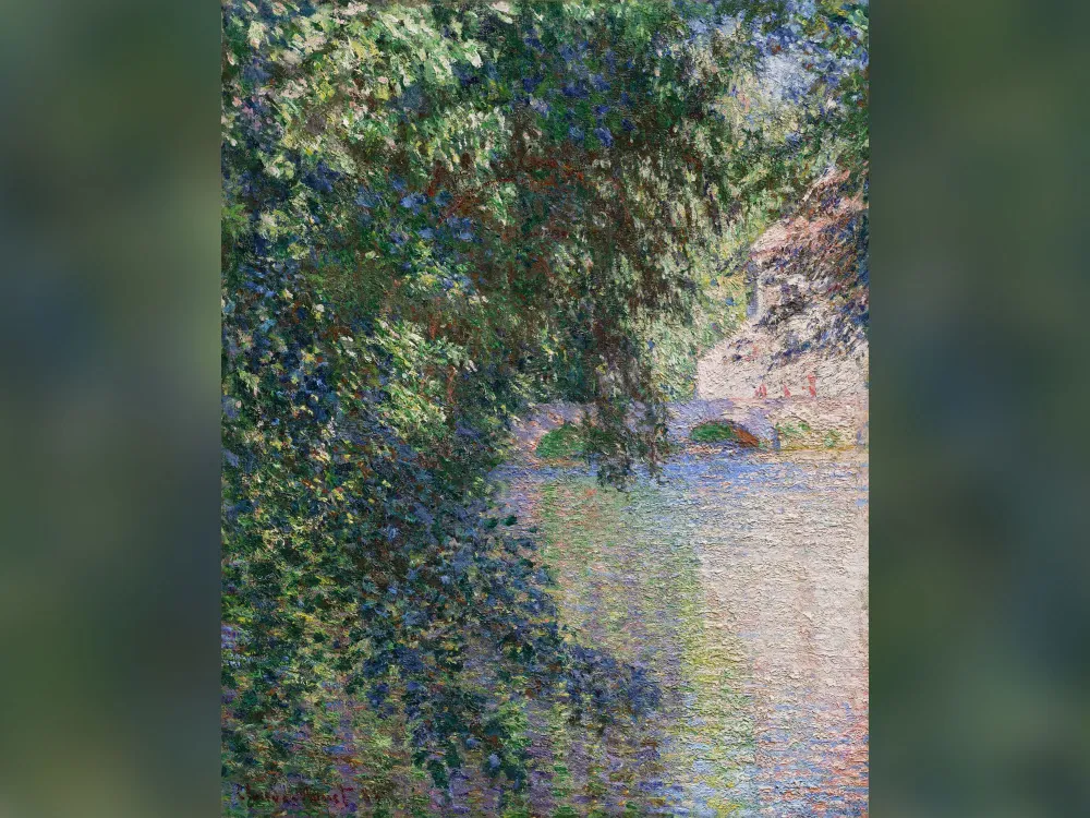 Impressionist painting of water's edge and green tree