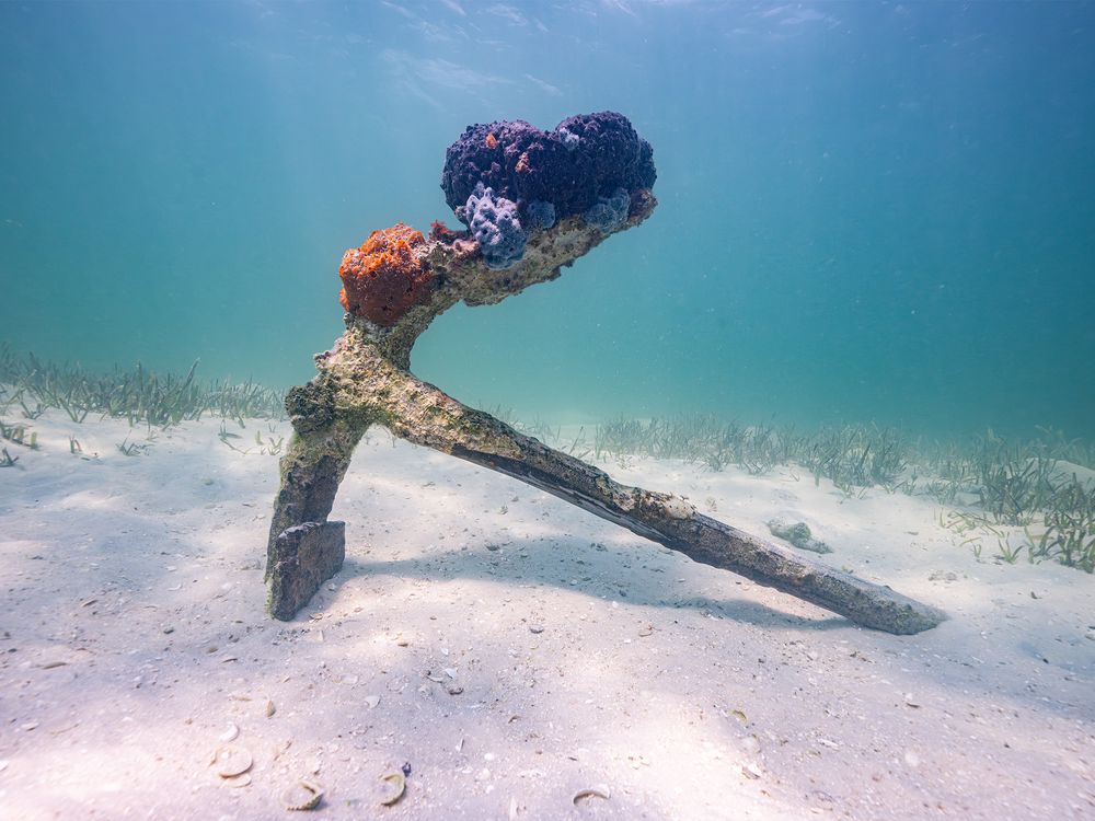 Anchor resting on sand under water