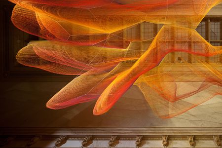 Echelman's sculpture is inspired by data supplied by NASA and NOAA, the National Oceanic and Atmospheric Administration, measuring the effects of the earthquake and tsunami that ravaged Tohoku, Japan in 2011. 
