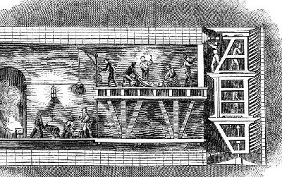 Laborers working at the face of the Thames Tunnel were protected by Marc Brunel's newly-invented "Shield"; behind them, other gangs hurried to roof the tunnel before the river could burst in. Nineteenth century lithograph.