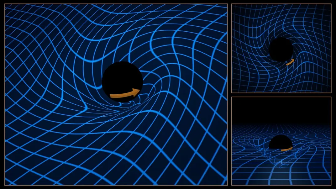 a three-panel diagram showing a net twisting around a dark sphere