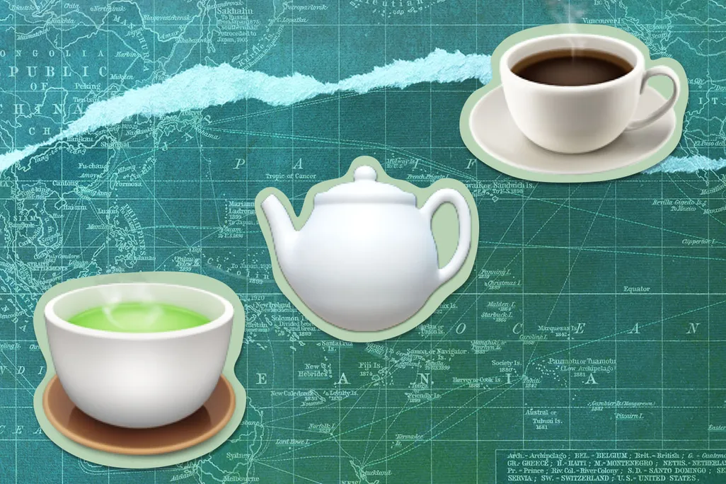 Illustration of tea emojis in front of a map of trade routes between Asia and North America