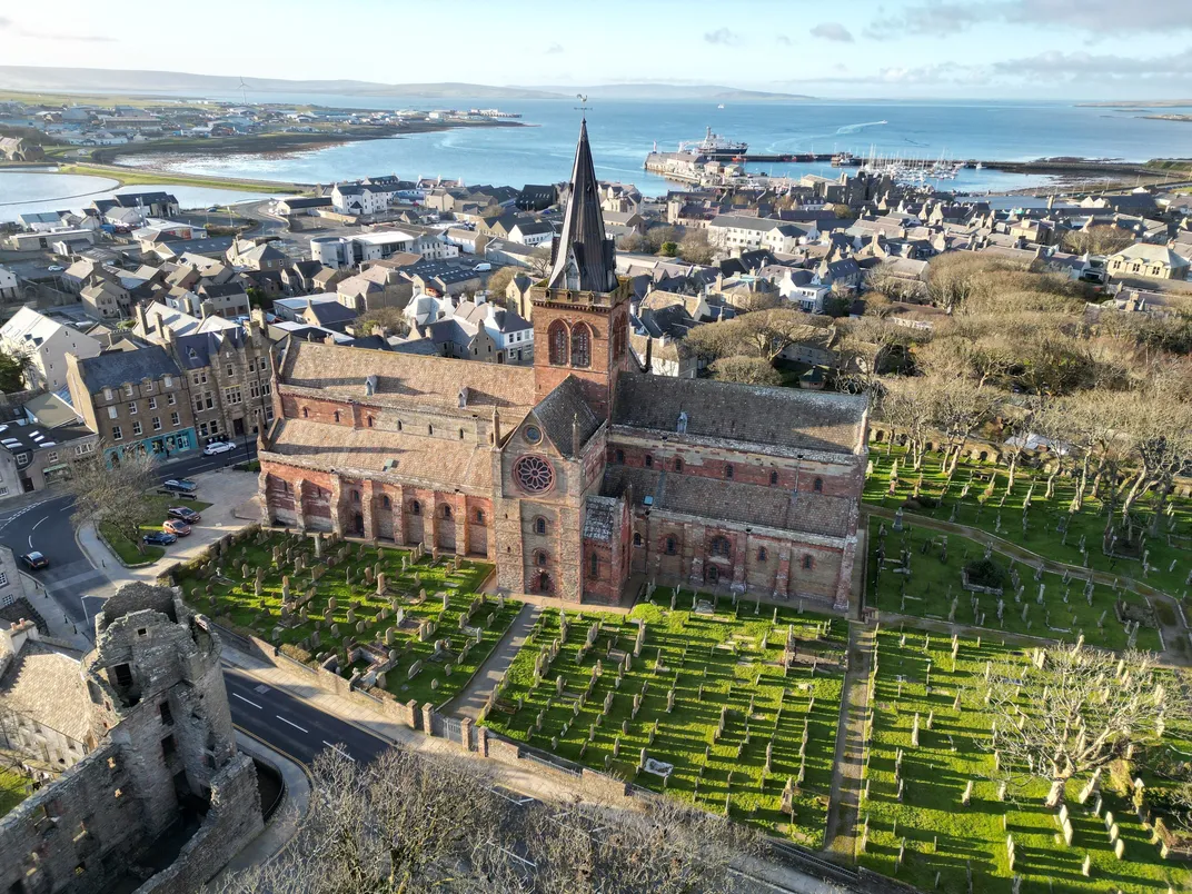 Magnus Cathedral and the town of Kirkwall, Orkney Islands