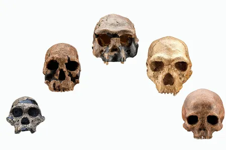 These five skulls, which range from an approximately 2.5-million-year-old Australopithecus africanus on the left to an approximately 4,800-year-old Homo sapiens on the right, show changes in the size of the braincase, slope of the face and shape of the brow ridges over just less than half of human evolutionary history.