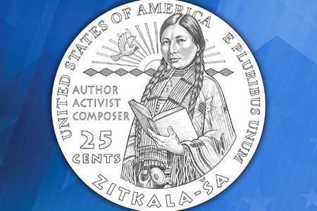 Design of the quarter with Zitkala-Ša from the waist up holding a book. The words “author, activist, composer” are beside her.