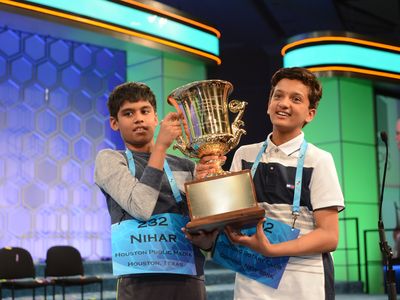 The 2016 Spelling Bee co-champions Nihar Janga, 11, of Austin, Texas, and Jairam Hathwar, 13, of Corning, New York.