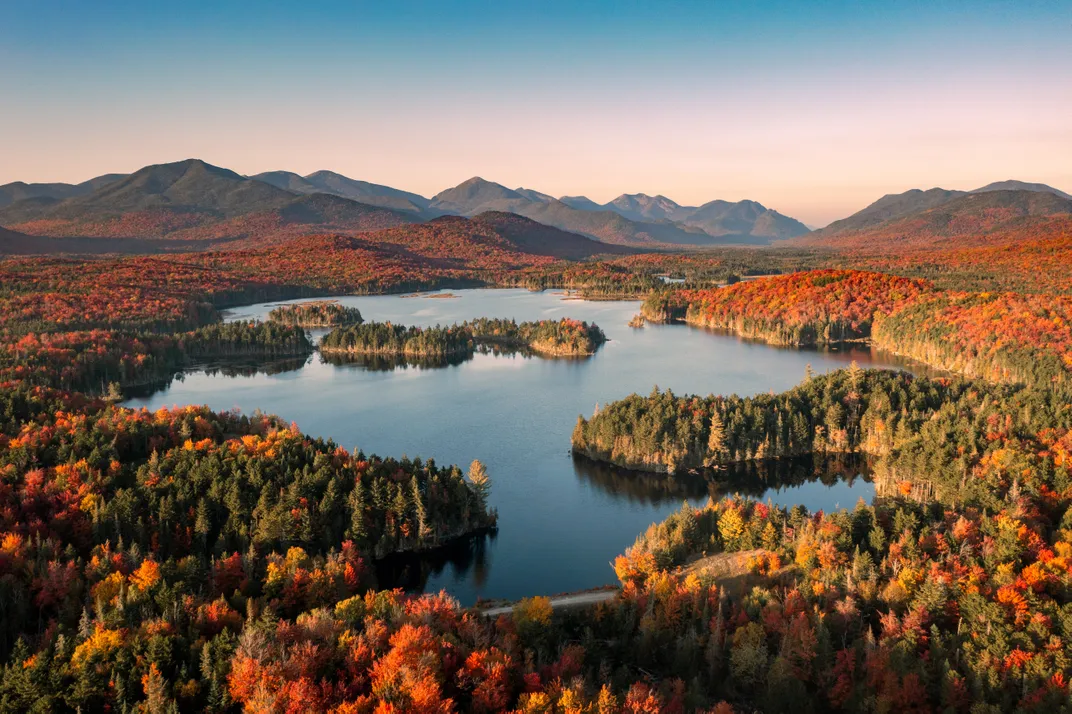 4 - An aerial view of the Boreas Ponds in the Adirondack High Peaks region in autumn offers a spectacular array of fall colors.