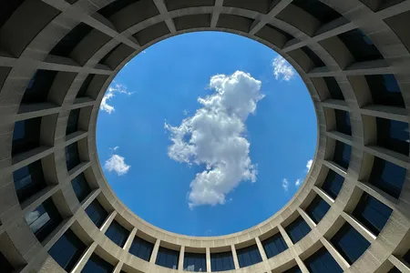 From inside of the Hirshhorn, the museum&#39;s circular design creates an oculus effect.