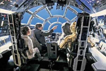 The B-29 bomber’s Plexiglas nose was the obvious inspiration for the space freighter Millennium Falcon. Special effects artists replaced the blue screen with stars only in post-production; on set, the actors had to imagine them.
