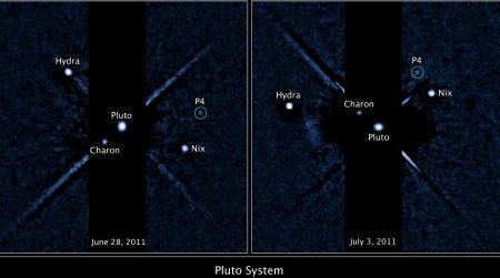 In these two images from the Hubble Space Telescope, Pluto's new moon, P4, can be seen to move around the dwarf planet.