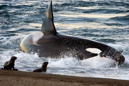 An orca hunts sea lion pups on a beach in Argentina.