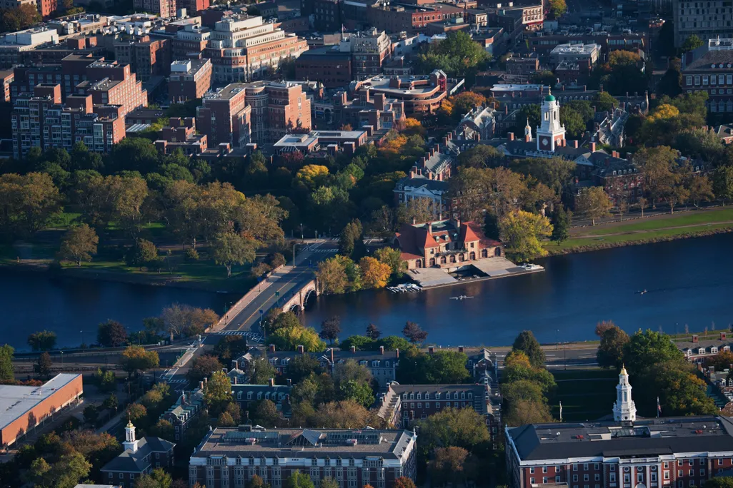 AERIAL VIEW of Cambridge and Anderson Memorial Bridge leading to Weld Boathouse, Harvard on Charles River, Cambridge, Boston, MA